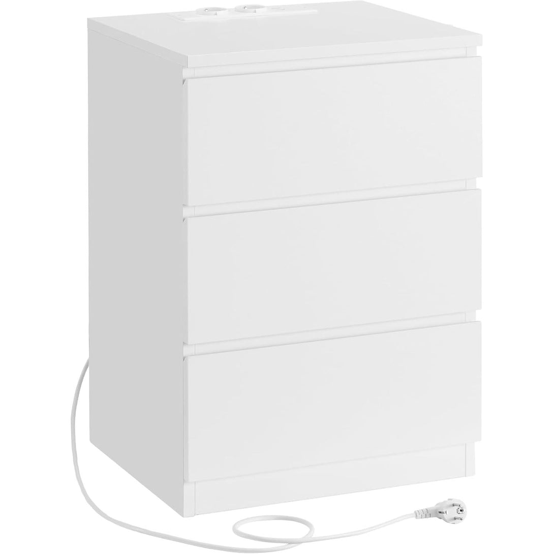 éjjeliszekrény, oldalasztal 3 fiókkal, 2 AC aljzattal és 2 USB porttal, fehér-VASBÚTOR