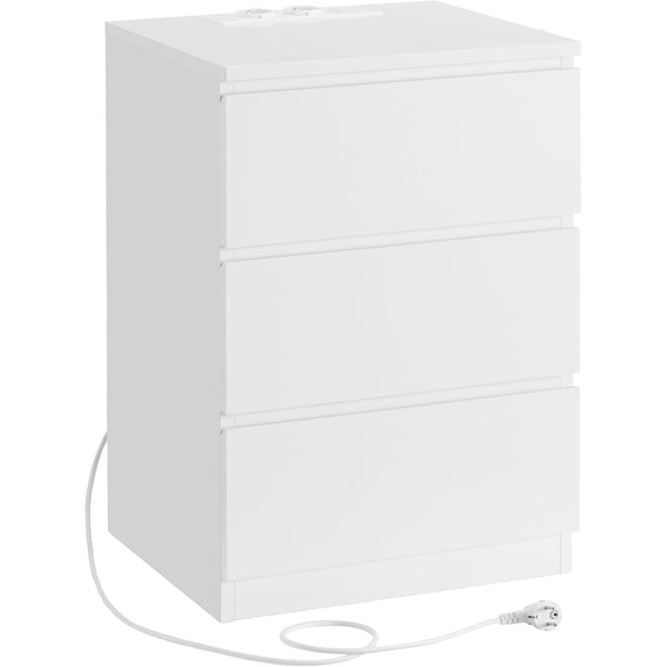 éjjeliszekrény, oldalasztal 3 fiókkal, 2 AC aljzattal és 2 USB porttal, fehér-VASBÚTOR