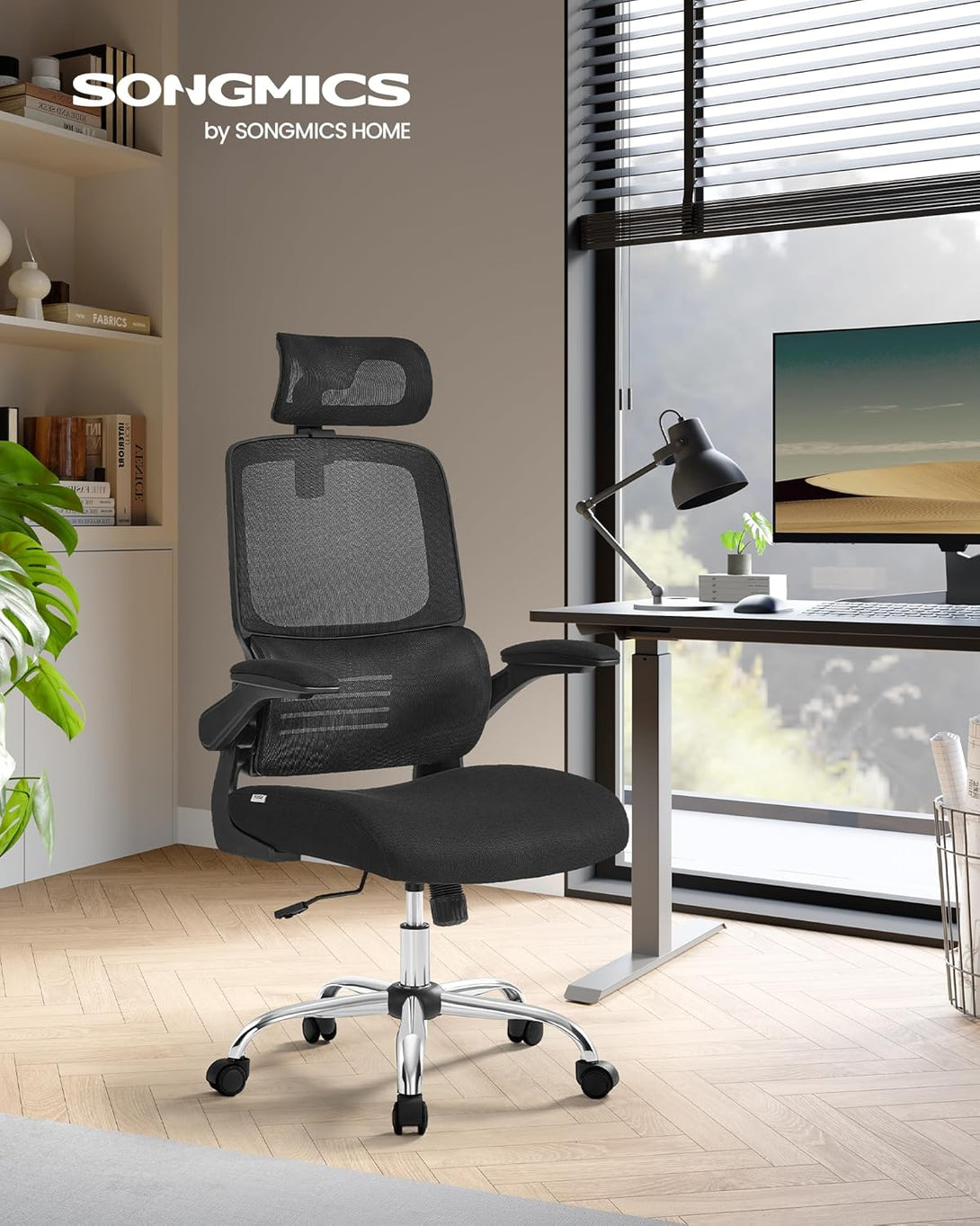 irodai szék, ergonomikus, hálós szék deréktámasszal és állítható fejtámlával, fekete-VASBÚTOR