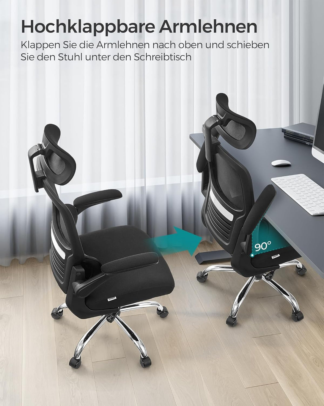 irodai szék, ergonomikus, hálós szék deréktámasszal és állítható fejtámlával, fekete-VASBÚTOR