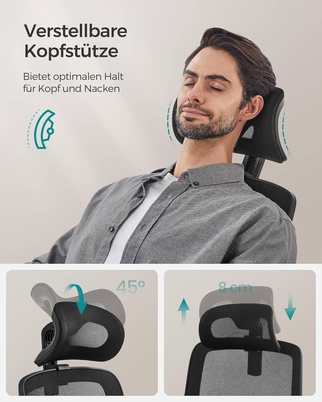 irodai szék, ergonomikus, hálós szék deréktámasszal és állítható fejtámlával, fekete-VASBÚTOR