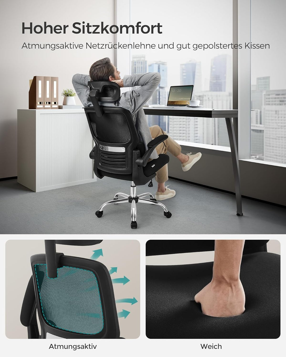 irodai szék, ergonomikus, hálós szék deréktámasszal és állítható fejtámlával, fekete-VASBÚTOR