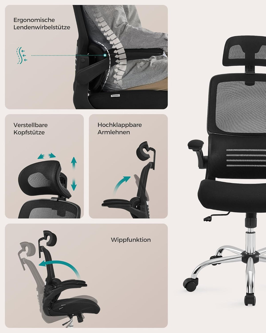 irodai szék, ergonomikus, hálós szék deréktámasszal és állítható fejtámlával, fekete-VASBÚTOR