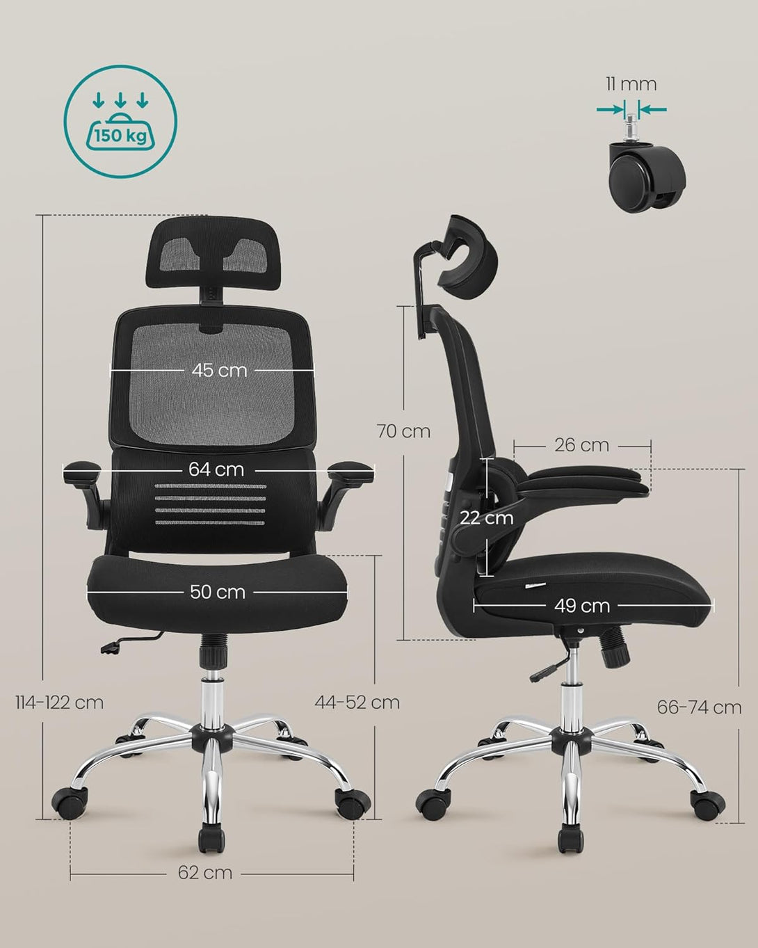 irodai szék, ergonomikus, hálós szék deréktámasszal és állítható fejtámlával, fekete-VASBÚTOR