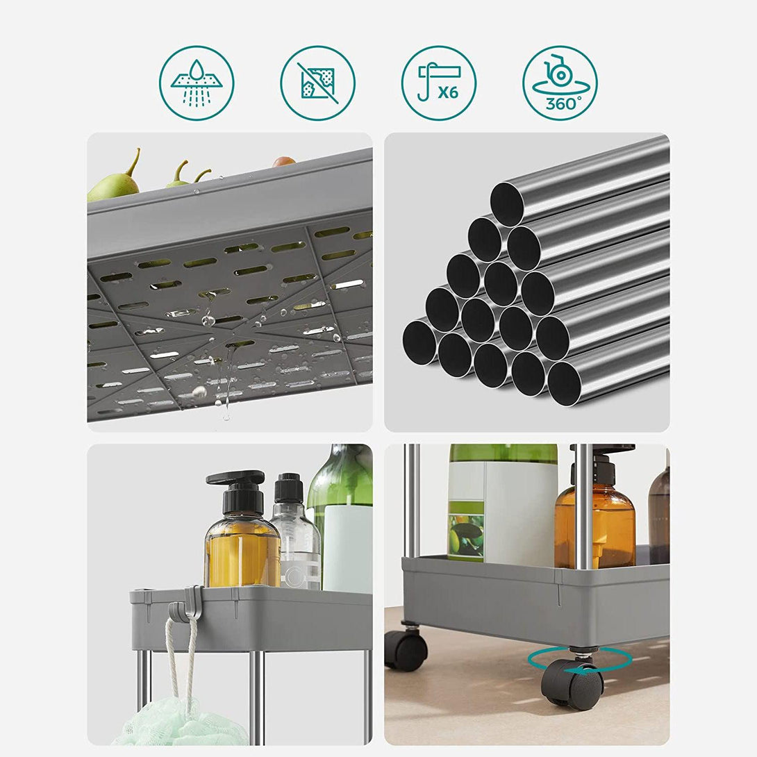 wheeled storage cart, 3-tier kitchen cart, 40 x 60 x 22 cm, gray – VASBÚTOR