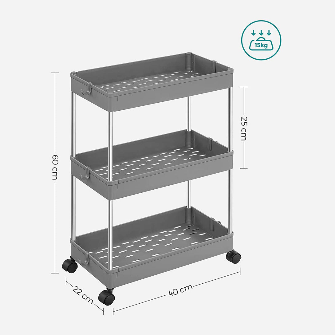 kerekes tárolókocsi, 3 szintes konyhai kocsi, 40 x 60 x 22 cm, szürke-VASBÚTOR
