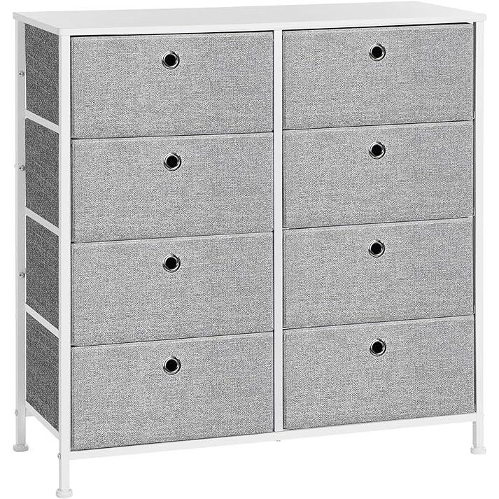 komód, tárolóegység 8 könnyen kihúzható textilfiókkal, világosszürke és fehér színben-VASBÚTOR