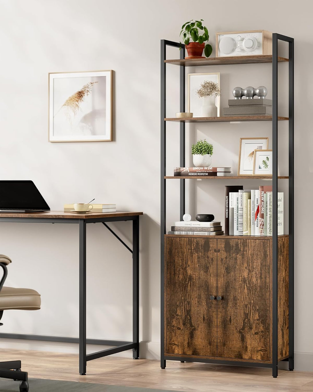 Könyvespolc, 6 szintes, állópolc ajtókkal, 24 × 60 × 159,5 cm, vintage barna–tintafekete-VASBÚTOR