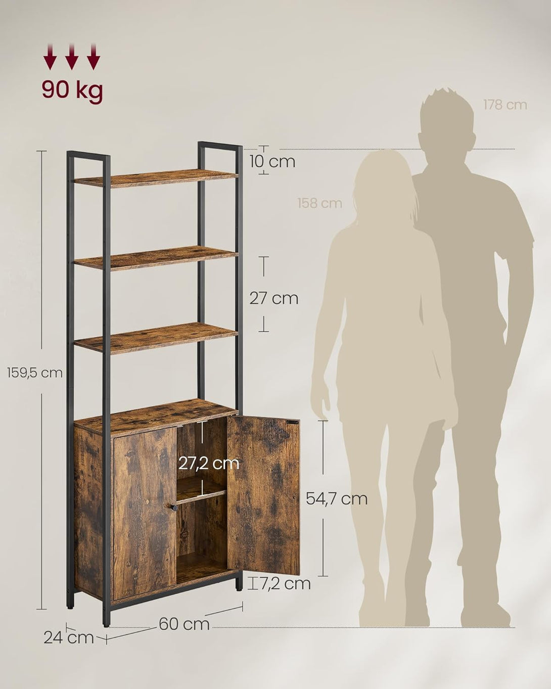 Könyvespolc, 6 szintes, állópolc ajtókkal, 24 × 60 × 159,5 cm, vintage barna–tintafekete-VASBÚTOR