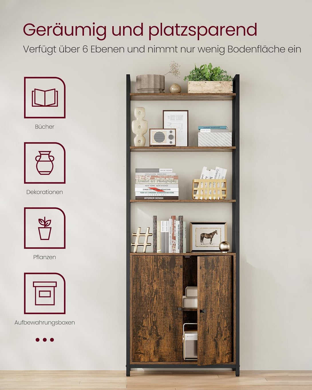 Könyvespolc, 6 szintes, állópolc ajtókkal, 24 × 60 × 159,5 cm, vintage barna–tintafekete-VASBÚTOR