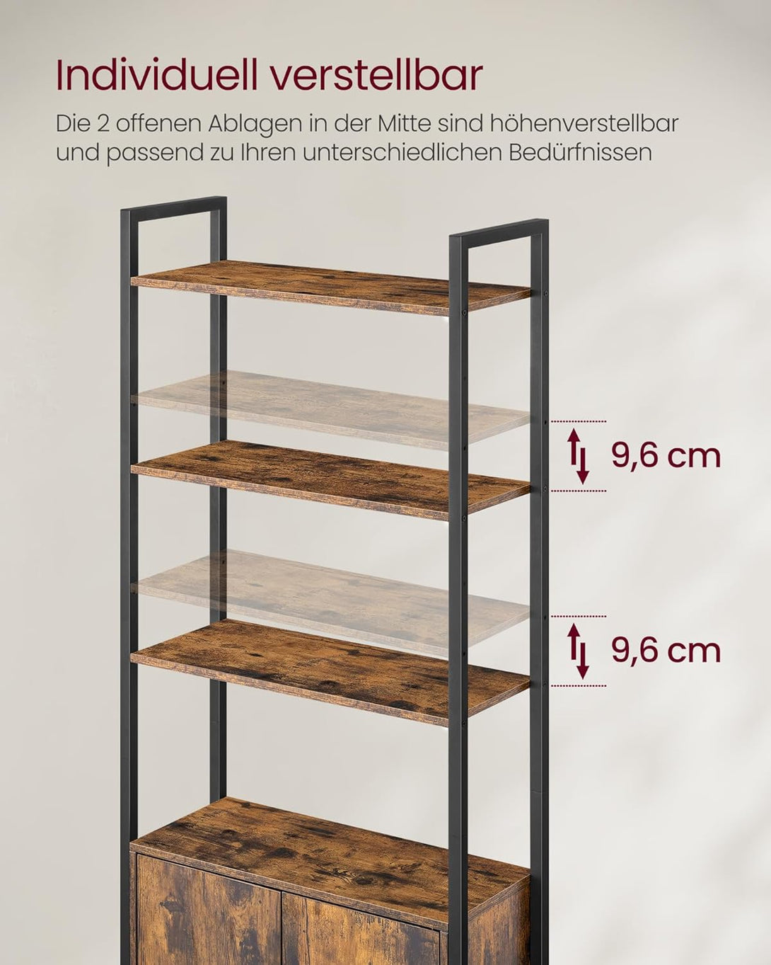 Könyvespolc, 6 szintes, állópolc ajtókkal, 24 × 60 × 159,5 cm, vintage barna–tintafekete-VASBÚTOR
