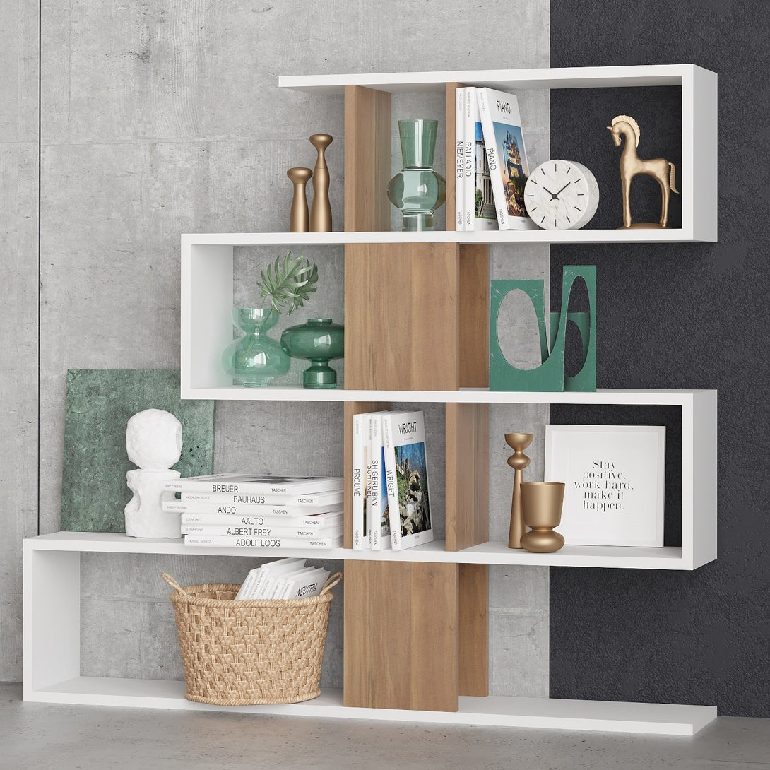 könyvespolc Karlin - White, Walnut-VASBÚTOR