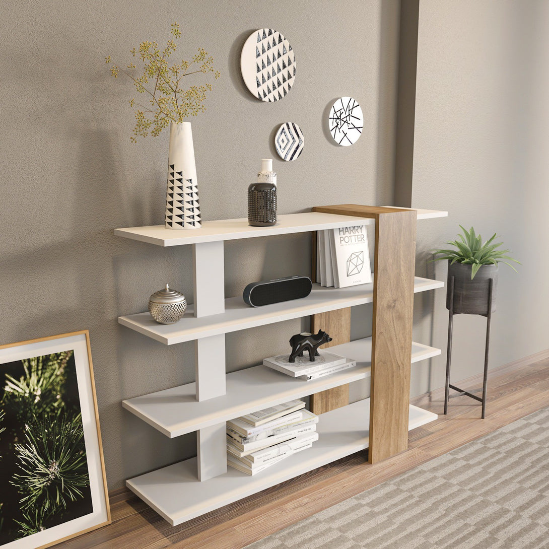 könyvespolc Nur - White, Walnut-VASBÚTOR