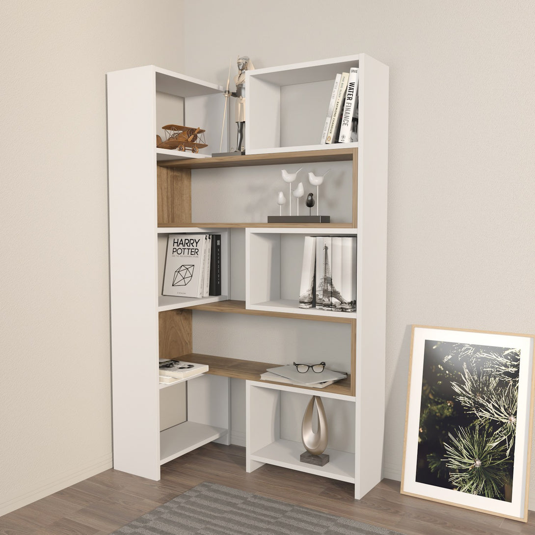 könyvespolc Poyraz - White, Walnut-VASBÚTOR