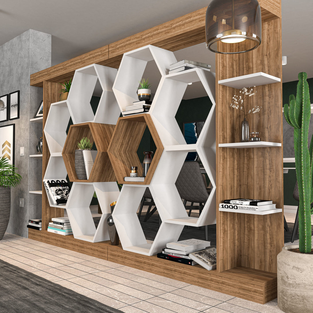 könyvespolc Sueno - White, Walnut-VASBÚTOR