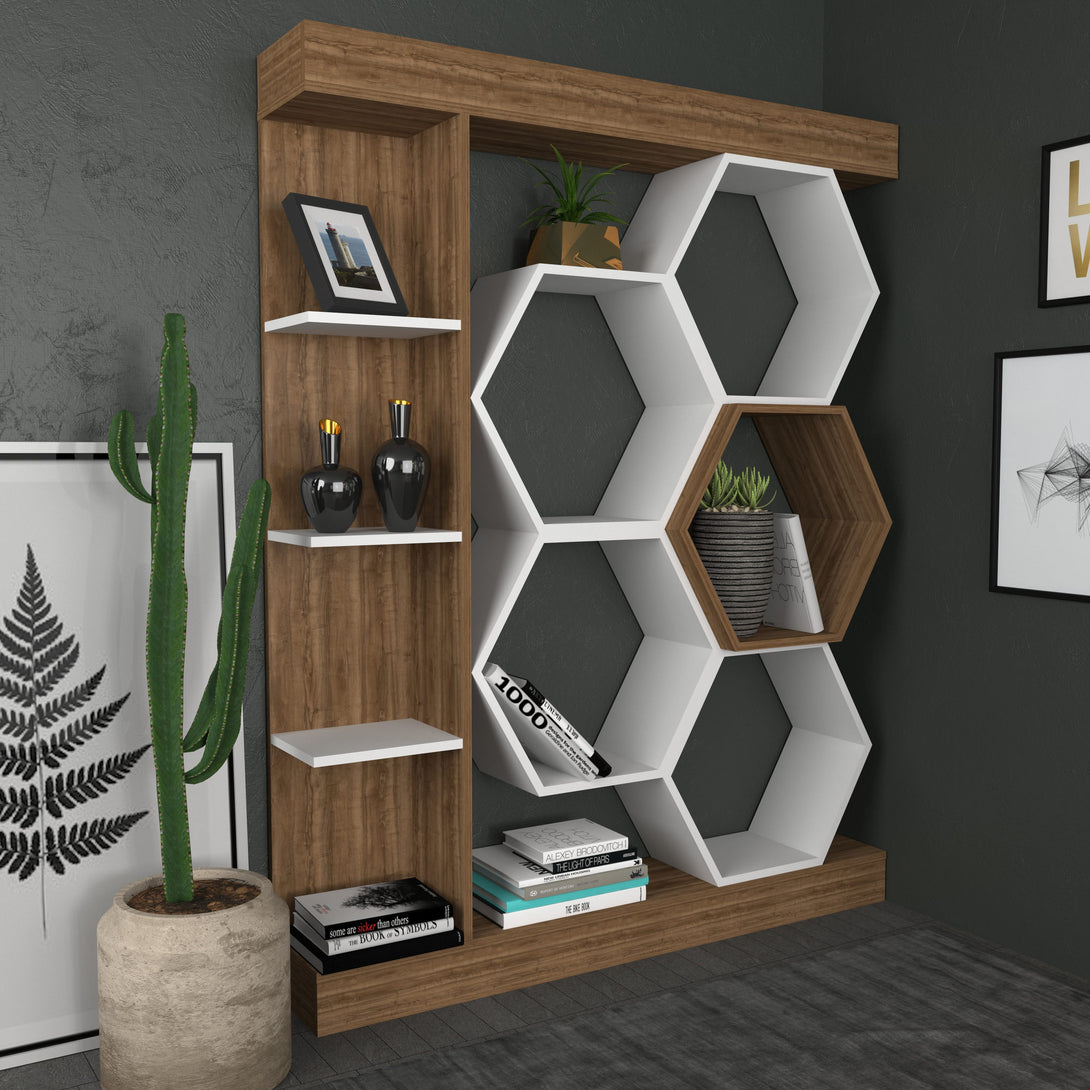 könyvespolc Sueno - White, Walnut-VASBÚTOR