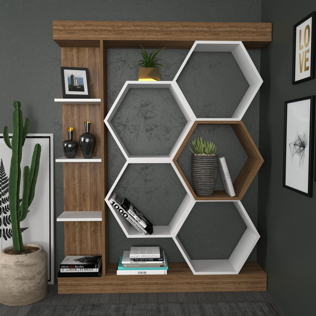 könyvespolc Sueno - White, Walnut-VASBÚTOR