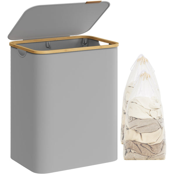 szennyeskosár fedéllel 130l, 2 rekeszes nagyméretű szennyes tartó, szürke-VASBÚTOR