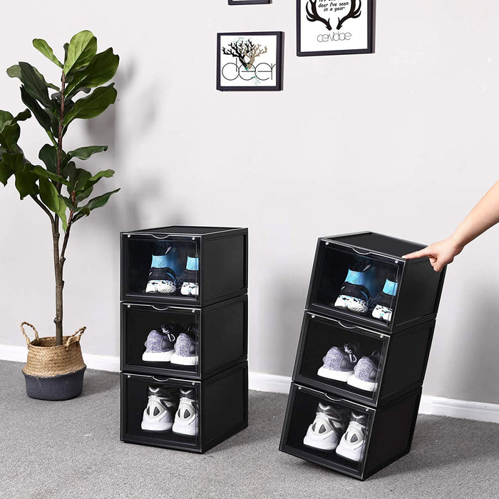 Egymásra rakható műanyag cipősdobozok, 6 darabos készlet, fekete| SONGMICS-VASBÚTOR