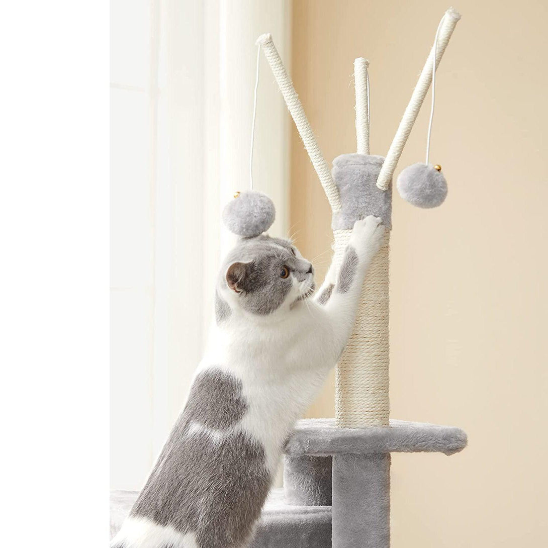 FEANDREA kis macskakaparó oszlop karcoló deszkával 3 kivehető pomponpálca 118 cm világos szürke-VASBÚTOR